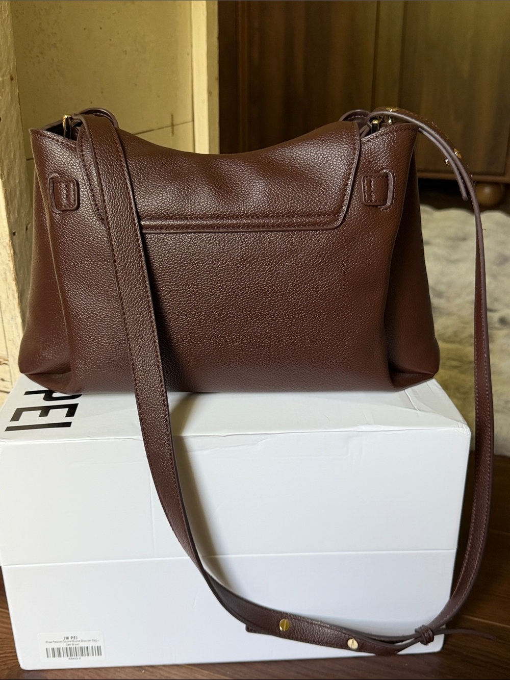 JW PEI Chocolate Brown Vegan Leather Shoulder Bag with Gold Accents - Picture 13 of 17